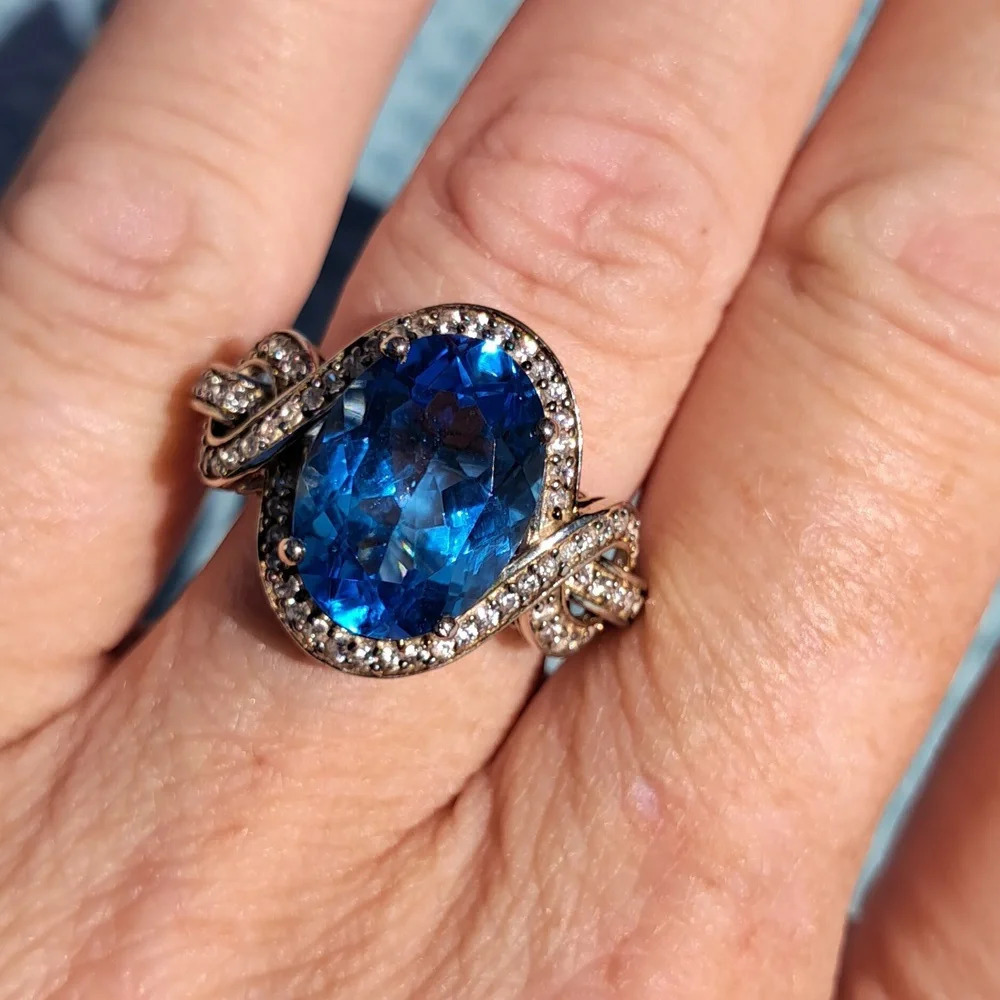 Blue Topaz and White Zircon Ring in 925 Sterling Silver - Picture 4 of 8